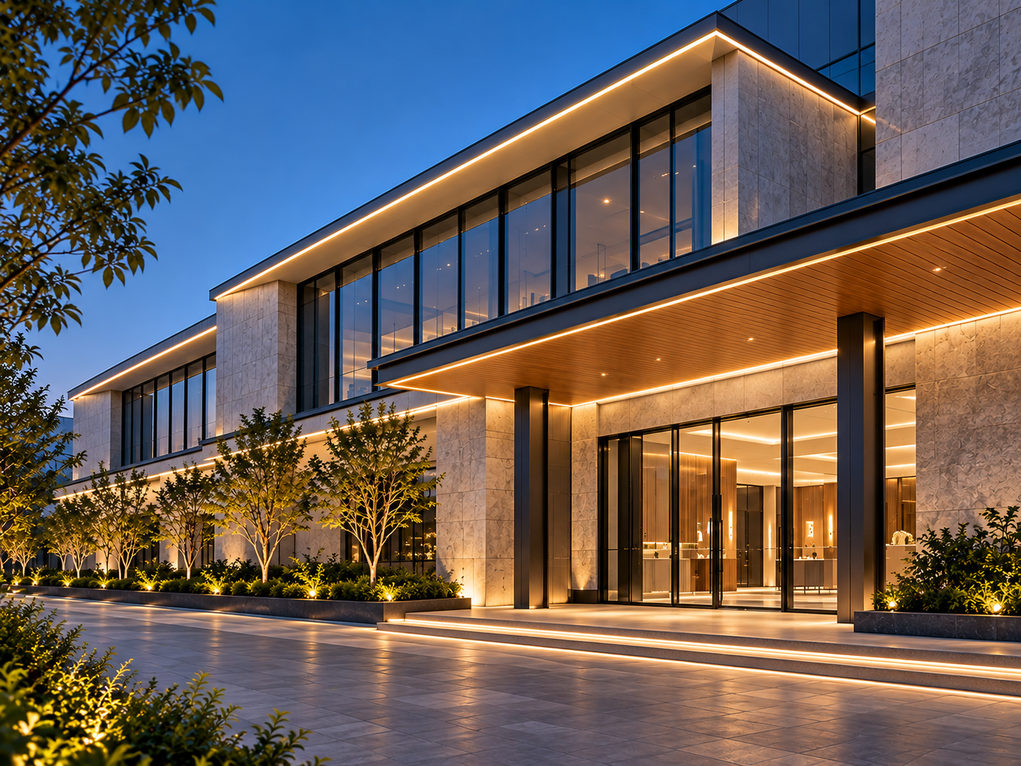 Modern commercial building with warm white linear lighting along the rooflines, entrance canopy and architectural details at dusk.