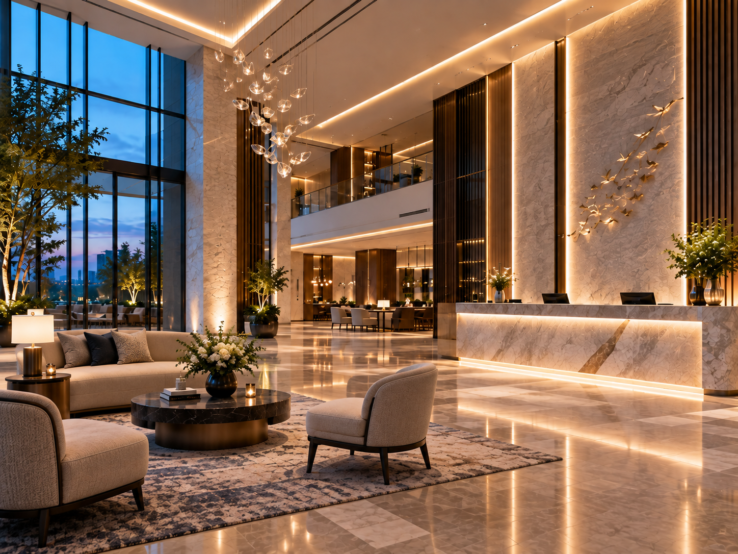 Luxury hotel lobby with illuminated reception desk, warm linear wall lighting, architectural ceiling illumination and comfortable lounge seating.