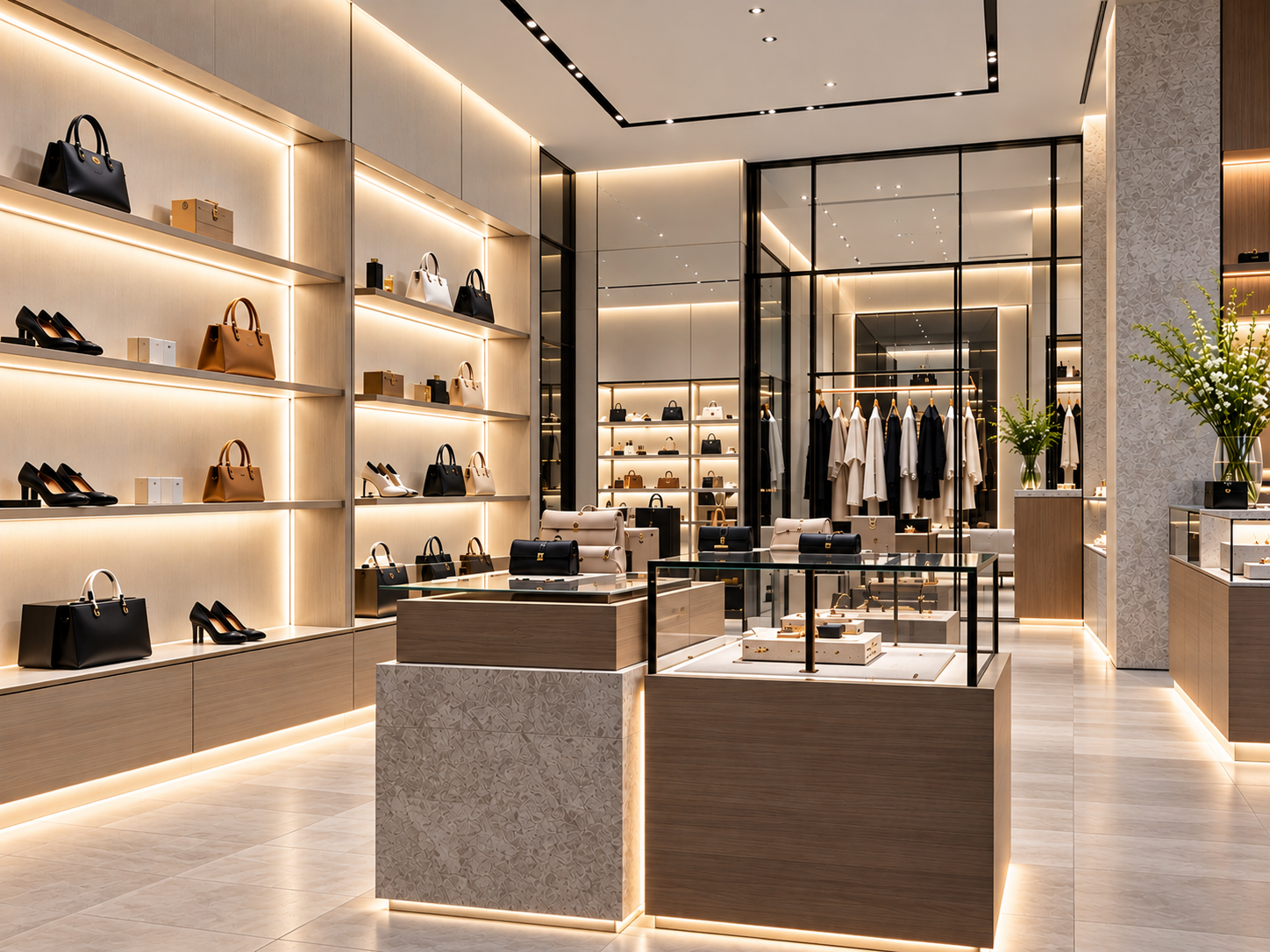 Luxury retail boutique with warm white linear lighting illuminating handbag shelves, glass display cabinets and merchandise counters.