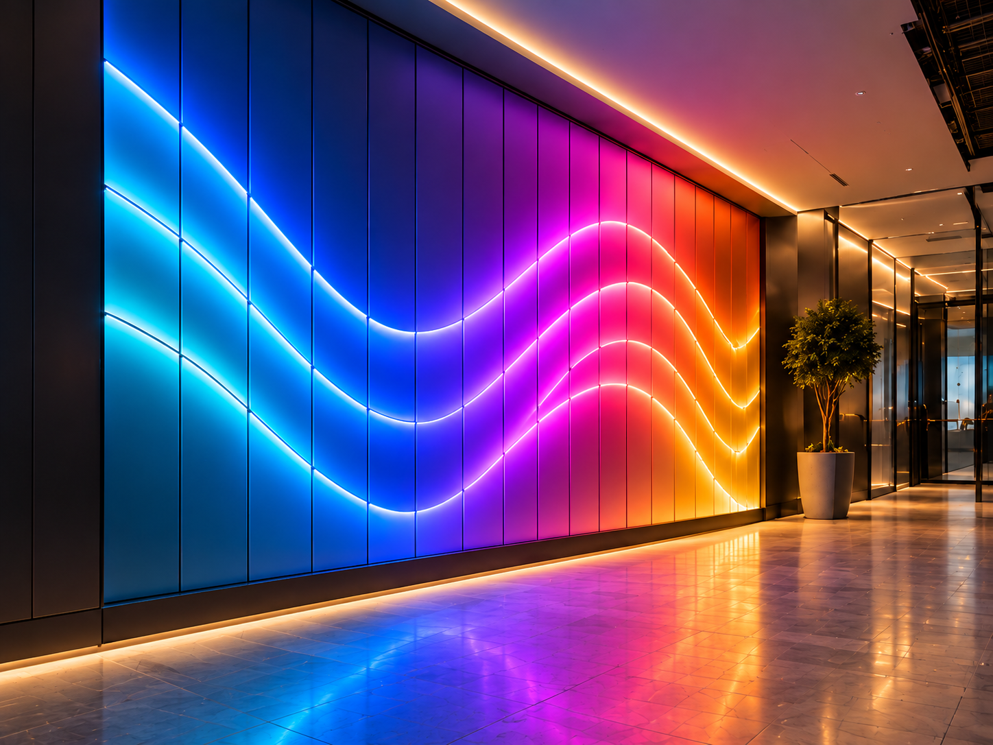 Contemporary commercial interior featuring a colorful RGB illuminated feature wall with flowing blue, purple, pink and orange linear lighting.